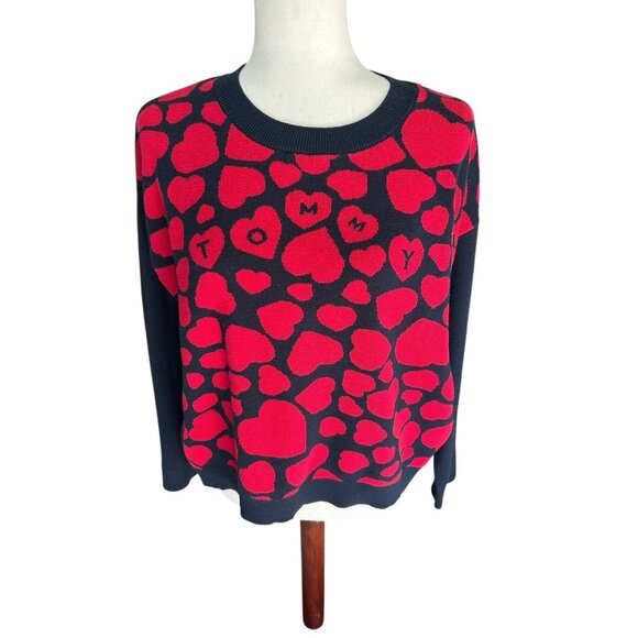 Vintage Tommy Hilfiger Sweater Navy w Red Hearts Cotton Logo Y2K Crew Neck XL - Picture 1 of 8
